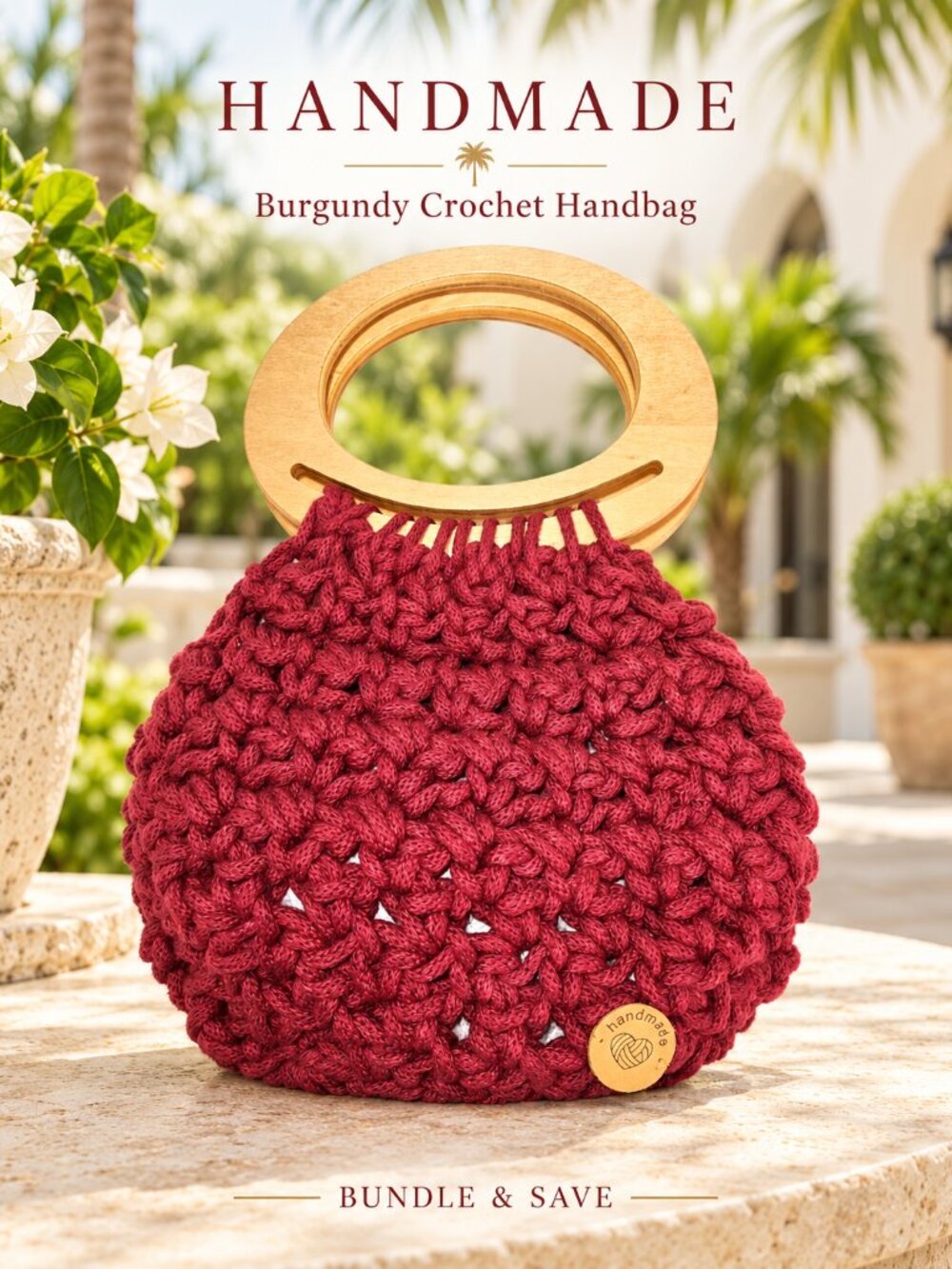 Handmade Burgundy Crochet Handbag Wooden Handles Boho Purse